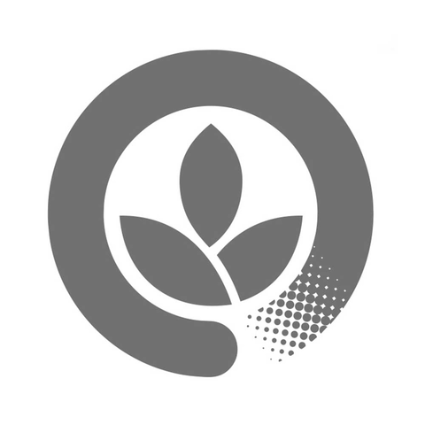 Gray circular logo with three stylized leaves in the center, reminiscent of bamboo chopsticks, and a dotted pattern fading at the bottom right edge of the circle, on a white background.