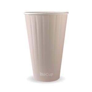 A beige, ribbed disposable Stone Double Wall Biocup with the word "BioCup" printed near the base, isolated on a white background.