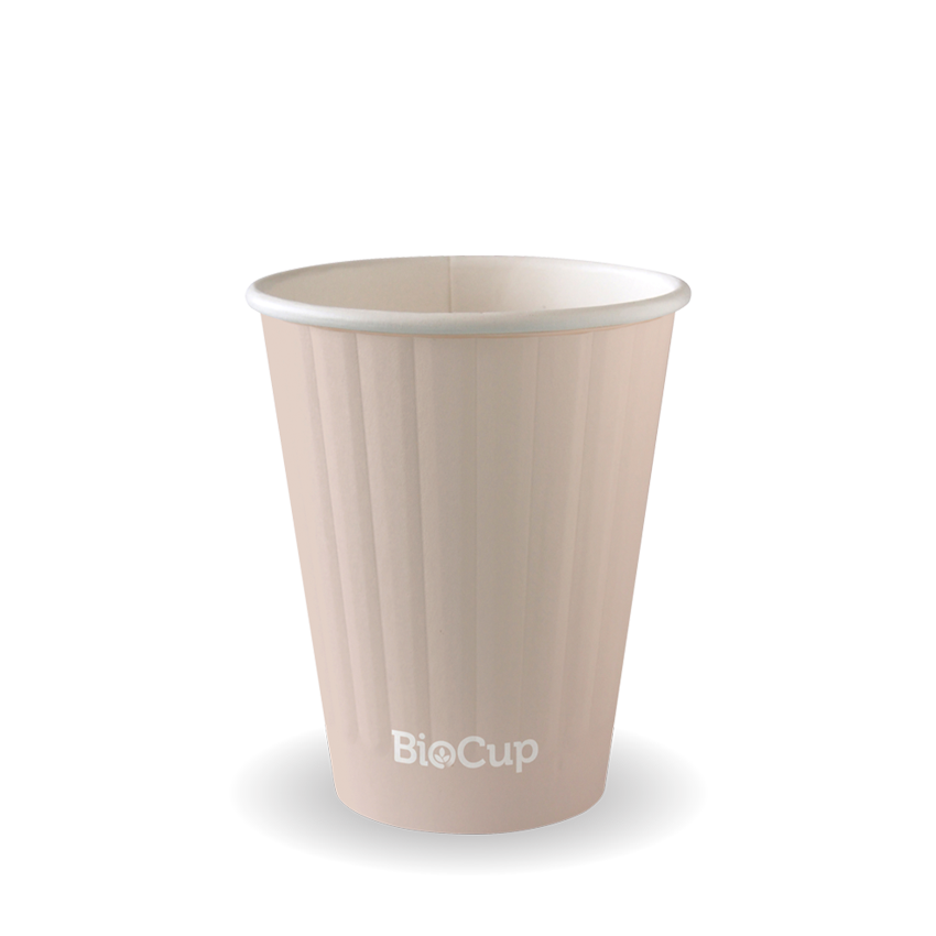 A beige 8oz Biocup disposable paper cup with vertical ridges and the word "BioCup" printed on the front, photographed against a plain white background.