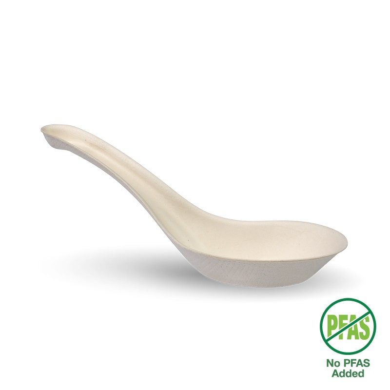 A beige, curved 14cm plant fibre soup spoon with a "No PFAS Added" green label in the lower right corner.
