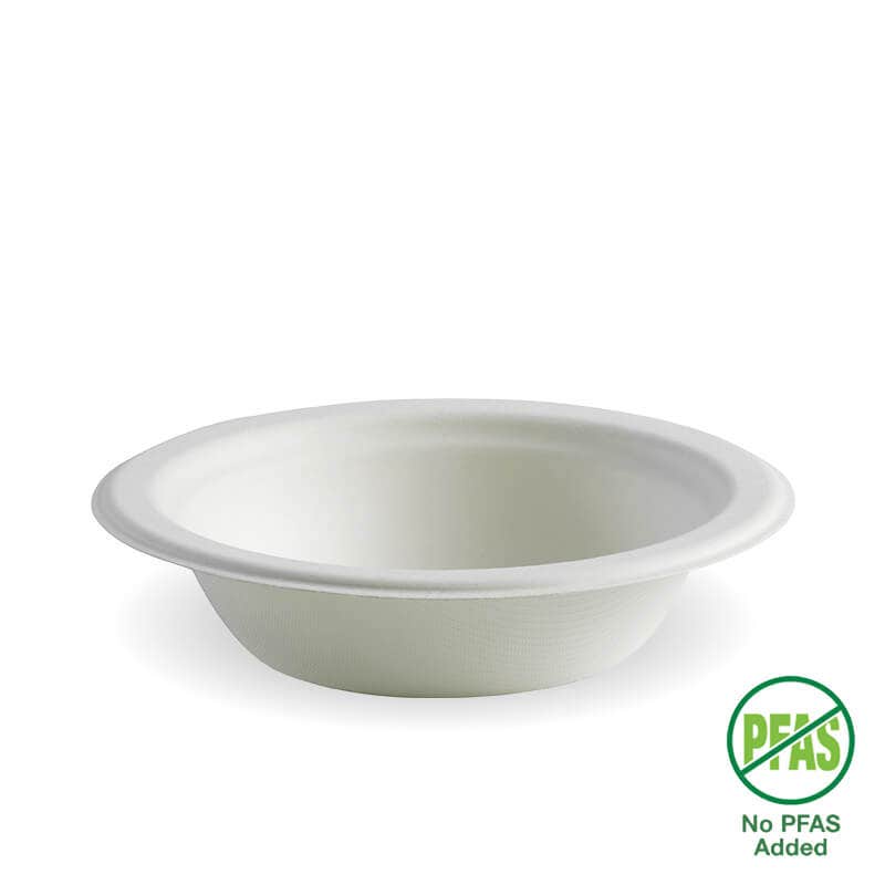 A white 12oz plant fibre bowl with "No PFAS Added" and "PFAS Free" symbols displayed in the lower right corner.