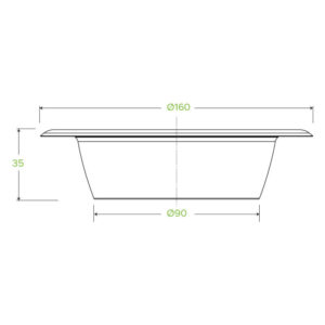 Line drawing of a 12oz white bowl with dimensions: 160 mm diameter at the top, 90 mm at the base, and 35 mm height—crafted from plant fibre for an eco-friendly touch.