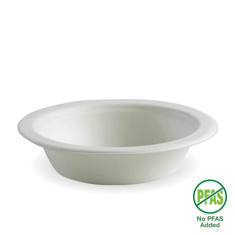 White disposable plant fibre bowl with a wide rim, made from eco-friendly material. "No PFAS Added" label visible in the bottom right corner. Holds 470ml for versatile use.