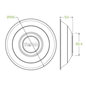 Technical drawing of a round 800ml bowl with dimensions: diameter 196 mm, height 85.4 mm, and rim width 50 mm. Top and side views are shown.