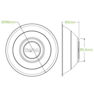 Technical line drawing of a round plant fibre bowl lid with measurements: 196mm diameter, 65mm height, and 85.4mm inner depth. The word "BioPak" appears on the top view, suitable for a 940ml bowl or 32oz bowl.