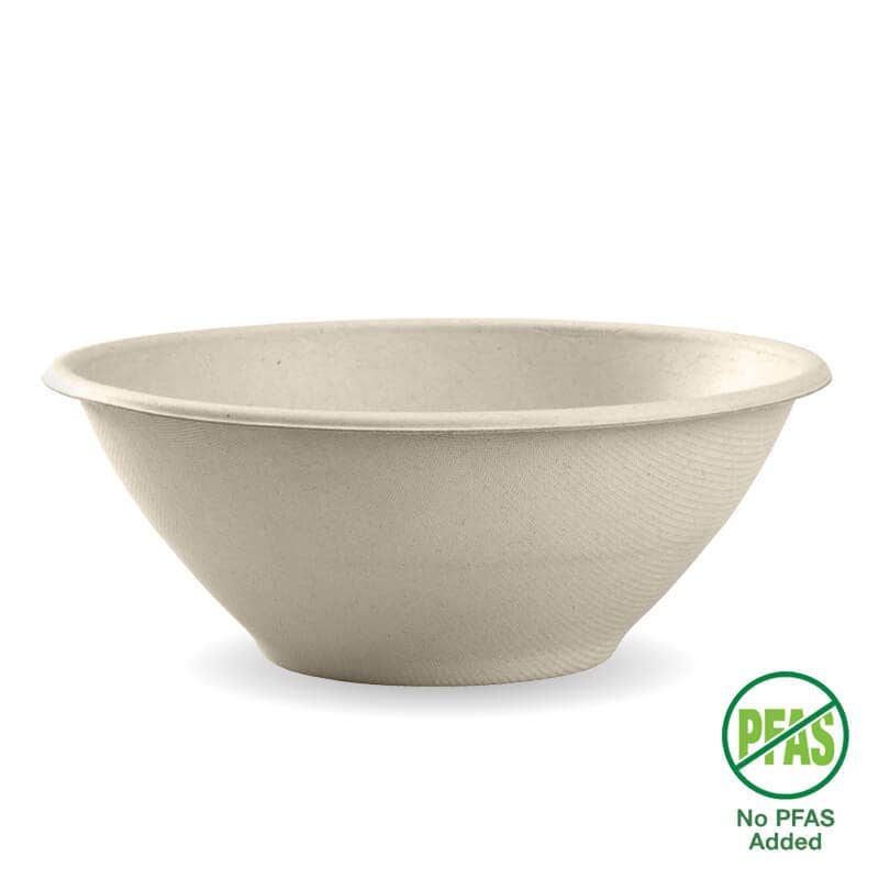 A plain, beige 40oz BioBowl made from Natural Plant Fibre, featuring a “No PFAS Added” label in the bottom right corner.