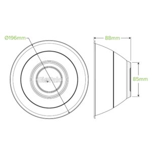 Technical diagram of a round object labeled "BioPak," showing front and side views with dimensions: 196mm diameter, 88mm width, and 85mm height—ideal for the Natural BioBowl or Plant Fibre BioBowl in the 48oz BioBowl range.