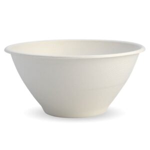 A plain, white, round 48oz BioBowl with a flared rim, sitting on a white background.