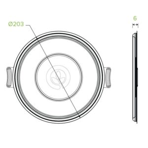 Technical drawing of a round BioBowl Lid with handles, showing a top view (diameter 203 mm) and side view (height 6 mm), crafted from Natural Plant Fibre. Includes measurement annotations. Suitable for 24-48oz bowls.