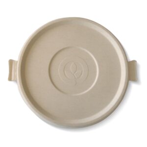 Round beige plate made from natural plant fibre, featuring two small side handles and a circular embossed design in the center. Compatible with 24-48oz BioBowl Lid for secure coverage.