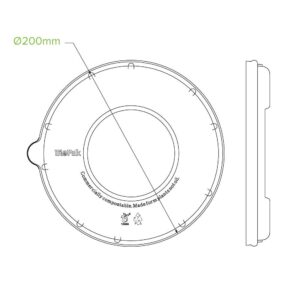Line drawing of a round, compostable BioBowl Lid made from PLA Plant Fibre, 200mm diameter, labeled "BioPak" and "Compostably compostable. Made for a better world." Fits 24-48oz bowls; shown from top and side views.
