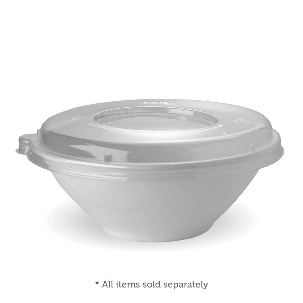 A disposable round white bowl made from PLA Plant Fibre with a clear BioBowl Lid (24-48oz), shown on a white background. Text below reads, "* All items sold separately.