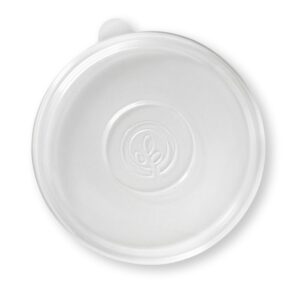 A round, clear PP lid with a small tab and a leaf-like logo embossed in the center, designed to fit BioBowl containers. Viewed from above, this 24-48oz lid offers secure closure and visibility.