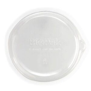 Clear BioBowl Lid with "BioPak" and "It doesn't cost the earth" embossed on the surface, designed to fit 24-48oz BioBowls.