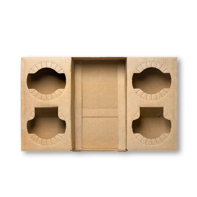 A rectangular cardboard insert, also known as a BioCup Paper Tray, with four circular cutouts and a central rectangular compartment, is used for holding items securely in place.
