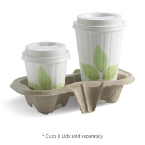 Two disposable cups with lids in a 2-Cup BioCup Tray, featuring a green leaf design. Text below notes cups and lids are sold separately.