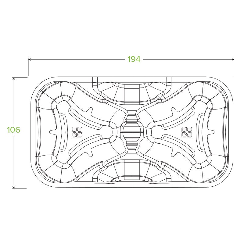 Technical diagram of a rectangular 2-Cup Tray with rounded corners, labeled with dimensions 194 and 106, showing internal compartments for cup holder functionality and symmetrical design features.