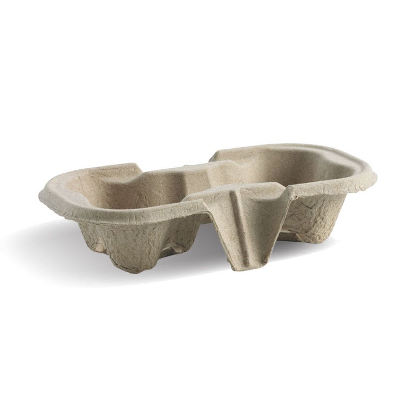 A biodegradable Pulp BioCup 2-Cup Tray with dual cup holders, designed for carrying beverages securely and sustainably.