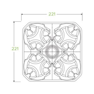 Technical line drawing of a 4-cup tray with four symmetrical compartments, overall dimensions labeled as 221 x 221 units.