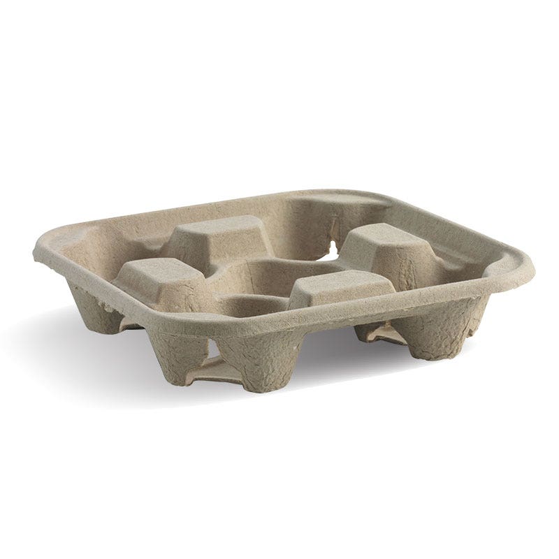 A brown cardboard cup holder with four compartments, this 4-cup tray is designed to hold cups or bottles for easy transport.
