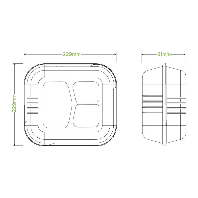 23x23x8cm / 9x9x3" 3-Compartment White Plant Fibre Clamshell