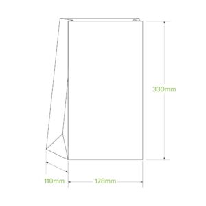 Line drawing of an SOS Kraft Paper Bag with side and base gussets, showing dimensions: 330mm height, 178mm width, and 110mm depth.