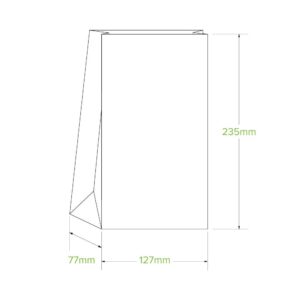 Line drawing of an SOS White Paper Bag with dimensions labeled: 235 mm height, 127 mm width, and 77 mm depth.