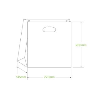 Line drawing of a rectangular Kraft Paper Bag with die cut handle, showing dimensions: 280mm height, 270mm width, and 145mm depth.