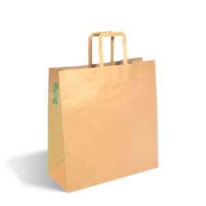 Medium Kraft paper bag with flat handles and a small green "BioPak" logo printed on the side, standing upright on a white background.