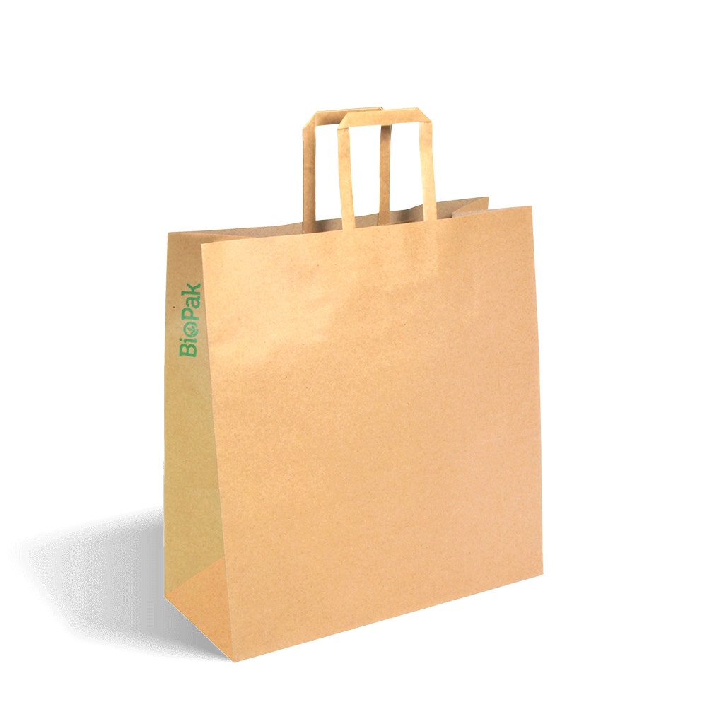 Medium Kraft paper bag with flat handles and a small green "BioPak" logo printed on the side, standing upright on a white background.