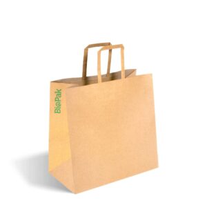 A plain brown Small Kraft Paper Bag with two flat handles and the green "BioPak" logo printed on the side. Ideal as a Flat Handle Paper Bag, measuring 280x150x275mm, it's perfect for eco-friendly shopping needs.