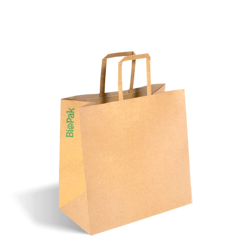 A plain brown Small Kraft Paper Bag with two flat handles and the green "BioPak" logo printed on the side. Ideal as a Flat Handle Paper Bag, measuring 280x150x275mm, it's perfect for eco-friendly shopping needs.