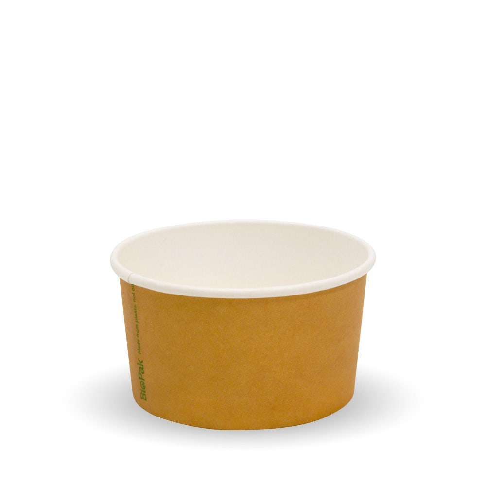 A small, plain brown BioCup food cup with a white interior, ideal for serving 90ml of ice cream, placed on a white background.