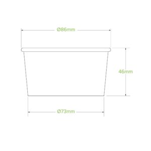 Line drawing of a 150ml tapered Ice Cream Cup with top diameter 86mm, bottom diameter 73mm, and height 46mm, featuring green measurement labels.