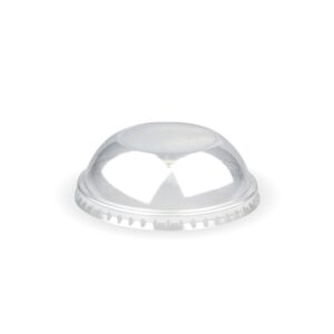 A clear PET Dome Ice Cream Lid with a flat top and notched rim, designed for use with 90ml 3oz disposable cups. Also known as the BioCup Lid, it offers secure and hygienic coverage for your treats.