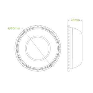 Technical drawing of a circular object with a 90mm diameter and 28mm depth, resembling a PET Dome Ice Cream Cup Lid or a 150ml Ice Cream Lid, shown with detailed side profile.