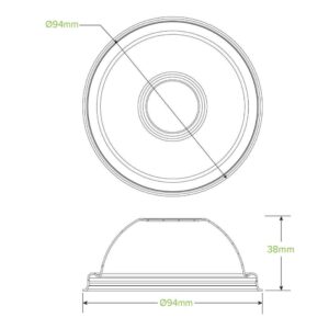 Technical drawing of a circular plant fibre cup lid with a diameter of 94mm and a height of 38mm, shown in both top and side views.