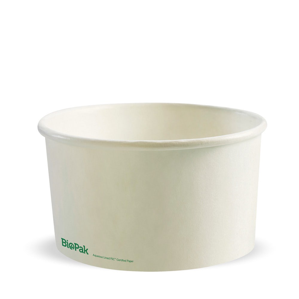 A plain, large white biodegradable bowl (000ml BioBowl) with the green BioPak logo printed near the base, shown on a white background.