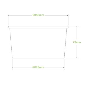 Line drawing of a 1000ml BioBowl container with a 148mm top diameter, 128mm bottom diameter, and a height of 79mm; dimensions are labeled in green text.