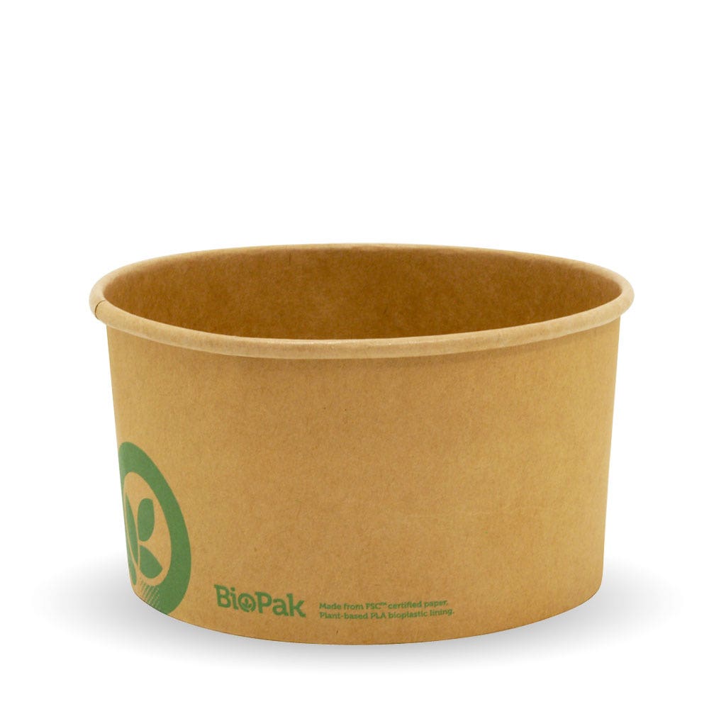 A plain brown Large Kraft BioBowl with a green BioPak logo, designed for food use, is shown on a white background.