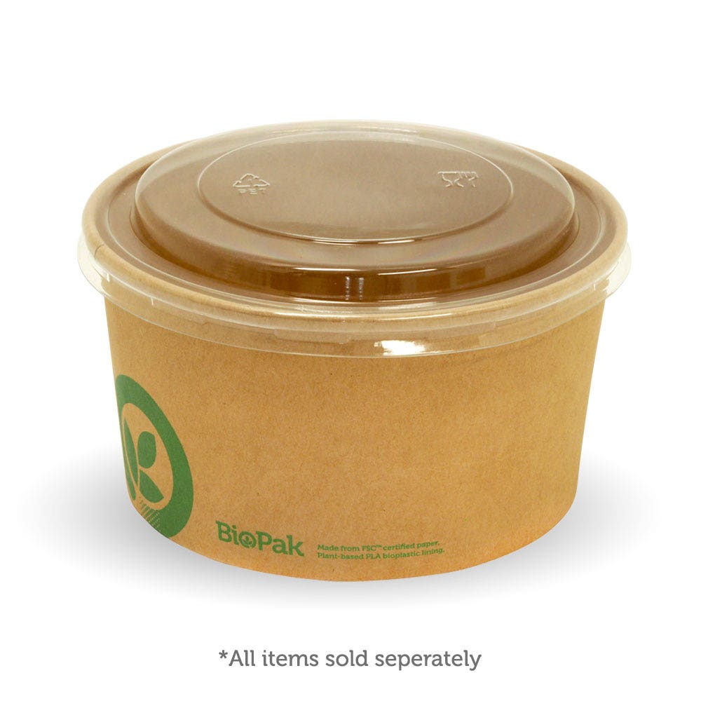 Brown paper food container with a clear plastic lid, featuring the BioPak logo and a note stating "All items sold separately." Ideal as a 1000ml BioBowl or Large Kraft BioBowl for versatile food storage.