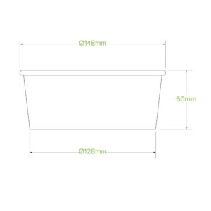 Line drawing of a 750ml BioBowl round container with a top diameter of 148mm, bottom diameter of 128mm, and height of 60mm, showing measurements in millimeters—an eco-friendly food bowl option.