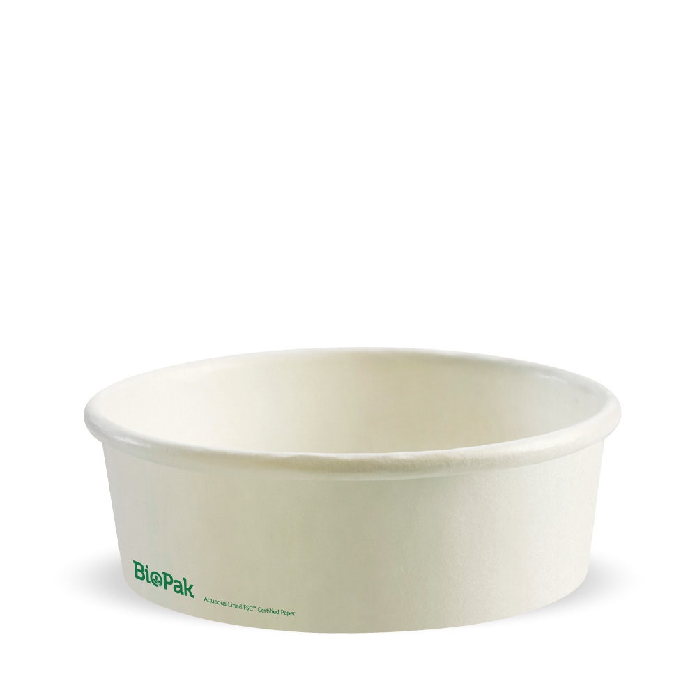 A plain, white, round disposable 500ml Small White BioBowl with the BioPak logo printed in green on the side, set against a white background.