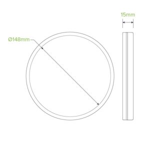 Technical drawing of a White BioBowl Lid with a diameter of 148mm and thickness of 15mm, shown from top and side views.