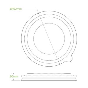 Line drawing of a biodegradable lid, possibly a PLA Kraft BioBowl lid, with a tab and dimensions labeled as 152mm diameter and 20mm height, suitable for 500-1000ml BioBowl.