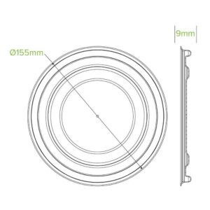 Technical line drawing of a circular object, identified as a White Plant Fibre BioBowl Lid, with a diameter of 155mm and a thickness of 9mm, shown from top and side views.