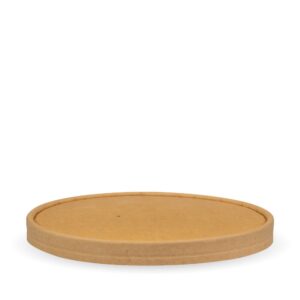 A round, flat, brown Paper Kraft BioBowl Lid is shown on a white background, designed to fit the 1300ml BioBowl.