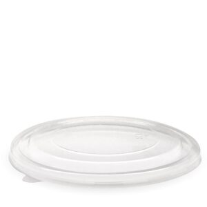 A clear, round Biodegradable Bowl Lid is shown on a white background, designed to fit the 1300ml BioBowl for eco-friendly food storage.