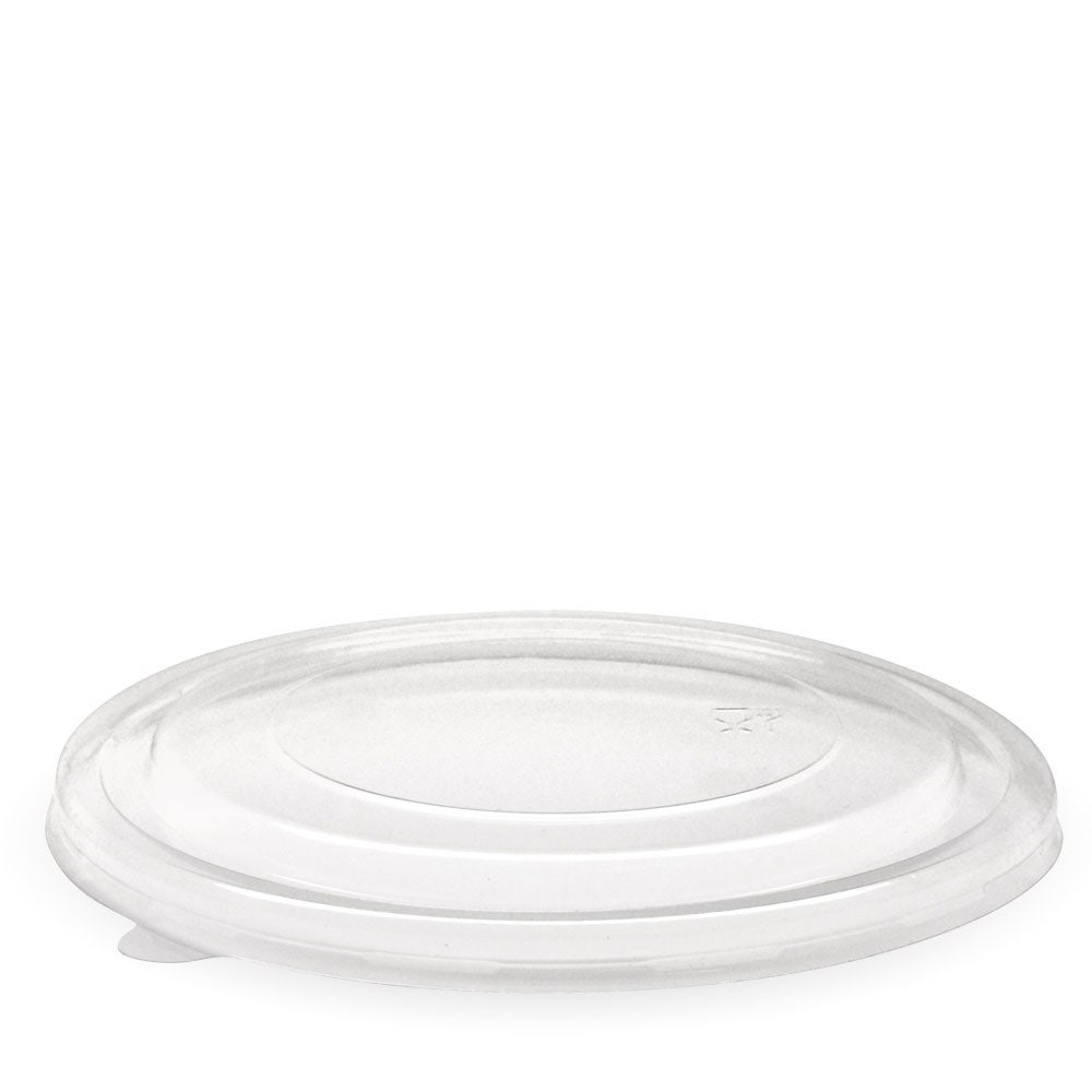 A clear, round Biodegradable Bowl Lid is shown on a white background, designed to fit the 1300ml BioBowl for eco-friendly food storage.