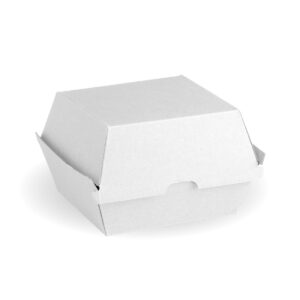 A plain, closed BioBoard White Box designed for burger packaging is shown on a white background.